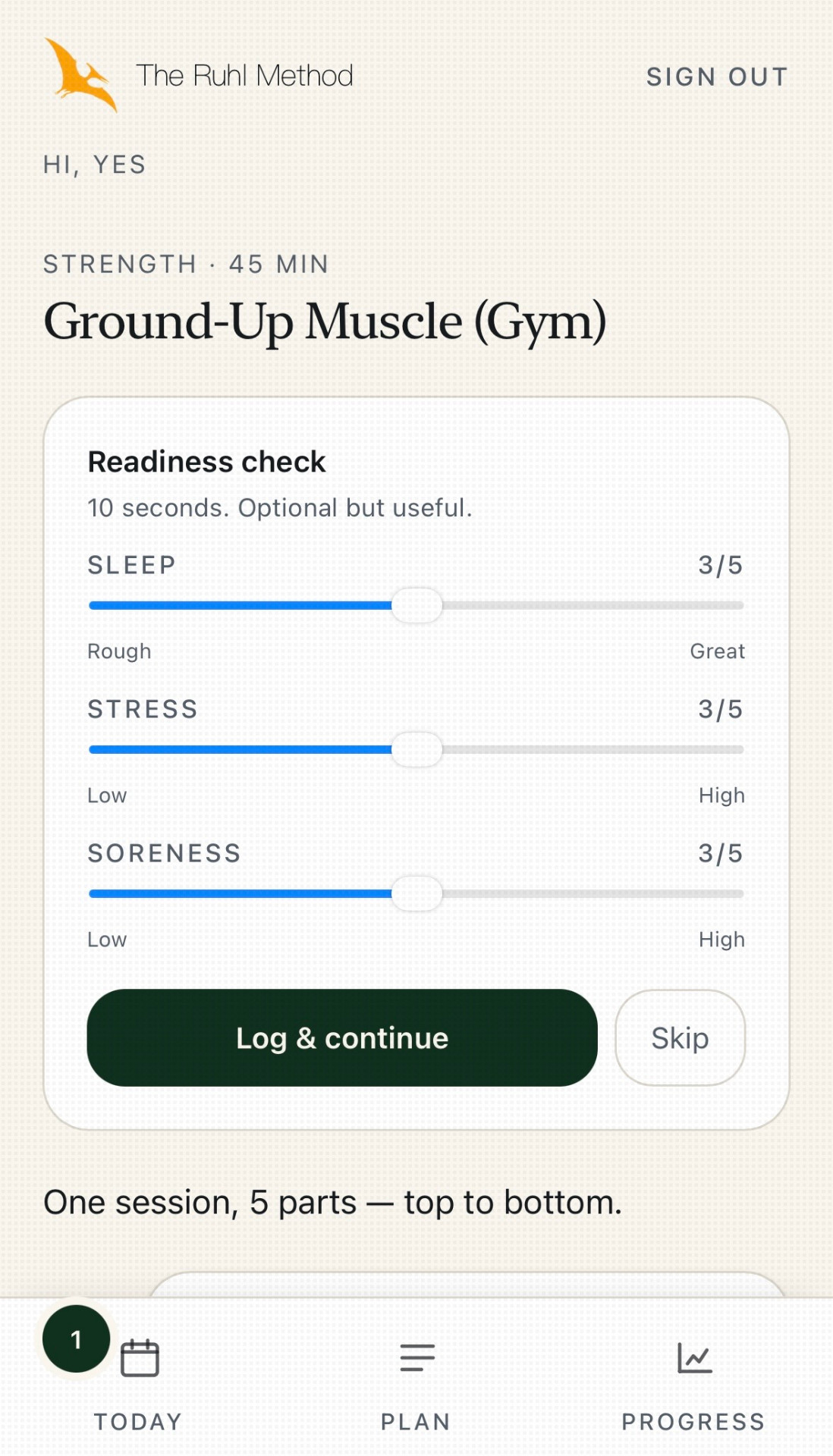 Readiness check with sleep, stress, and soreness sliders